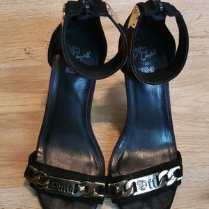 JEFFREY CAMPBELL sz 7 BLACK F*CK OFF or F BOMB METAL ACCENT HEELS strappy sandal